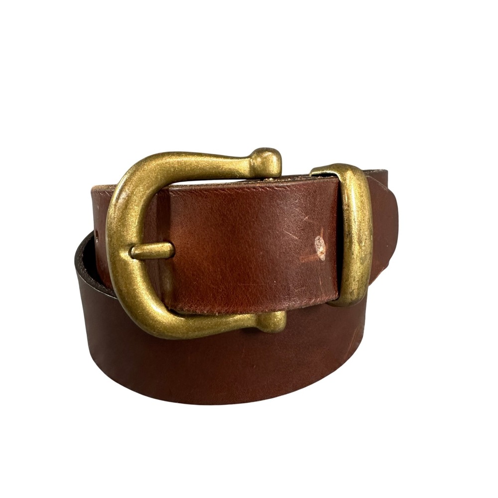 Unbranded Brown Leather Belt Brass Horseshoe Buckle Size Medium Classic Casual